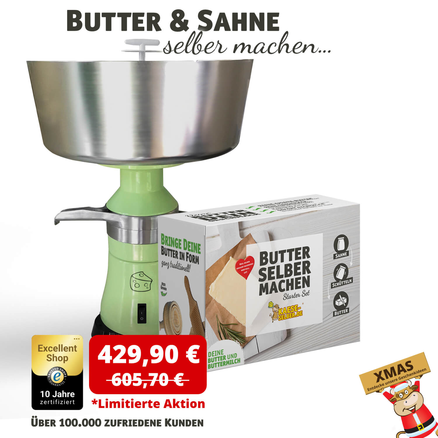 Butter & Sahne Bundle (Milchzentrifuge & Butter Set + Gratis Butterform "Windmühle")