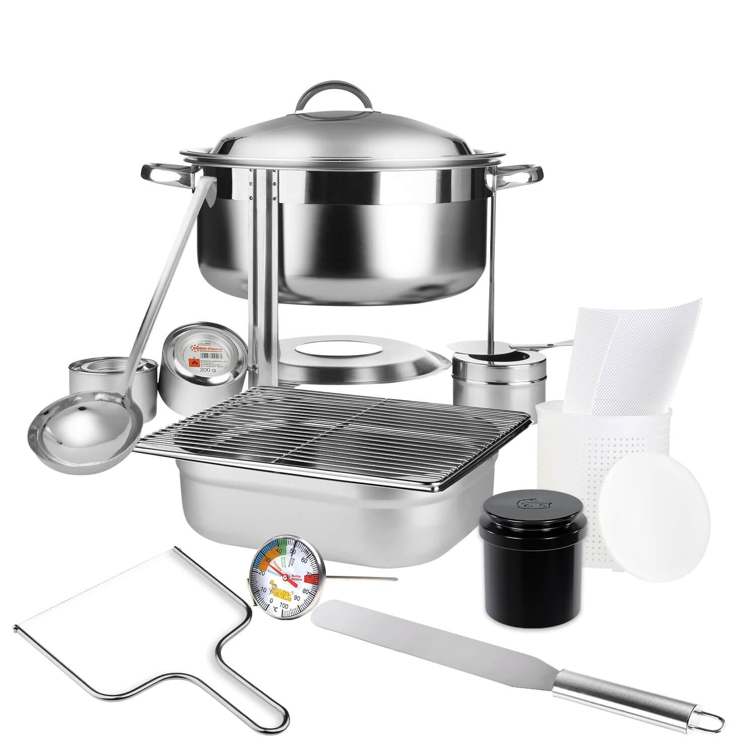 Käseschule Set Utensilien für einen Platz, traditionelle Käseherstellung ideal für Schulungszwecke, bestehend aus Käsemaker mit Brennpasten, Abtropfset, Abtropfmatte, Käseformen, Thermometer, Bruchschneider, Pressgewicht, Schöpflöffel, Typ Feta, Quark, Frischkäse, Weichkäse, Schnittkäse, uvm.
